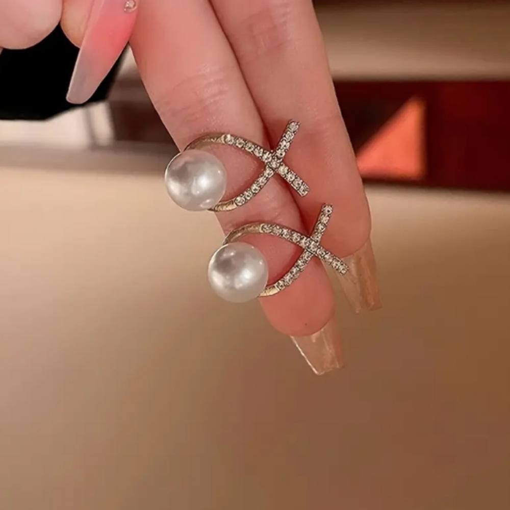 Gold Rhinestone Pearl Earrings - Picture 4 of 6